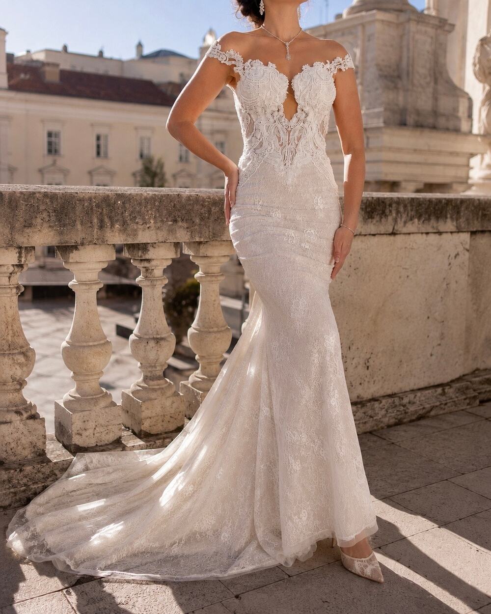 Netta BenShabu Gemma Mermaid Wedding Dress Beaded Lace Bridal Gown Train US 2